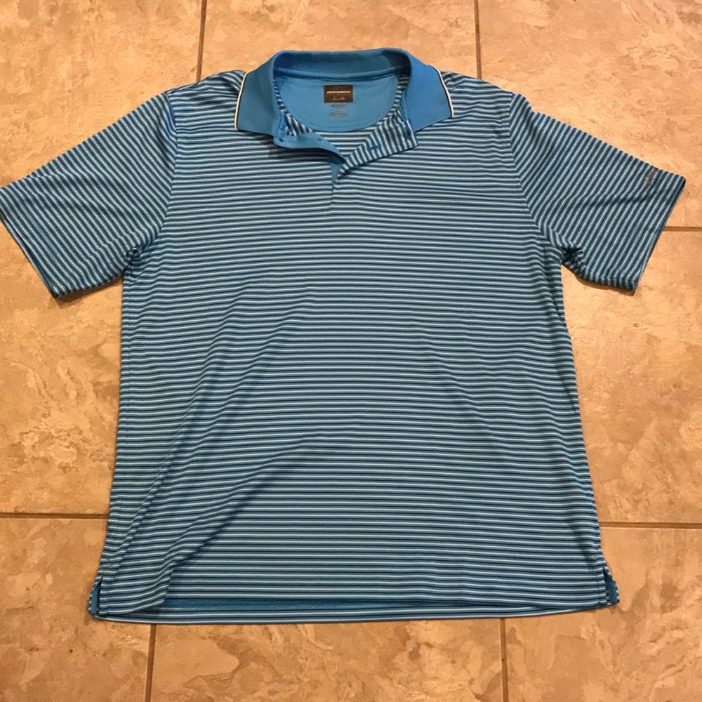 Blue, white, and black striped polo shirt